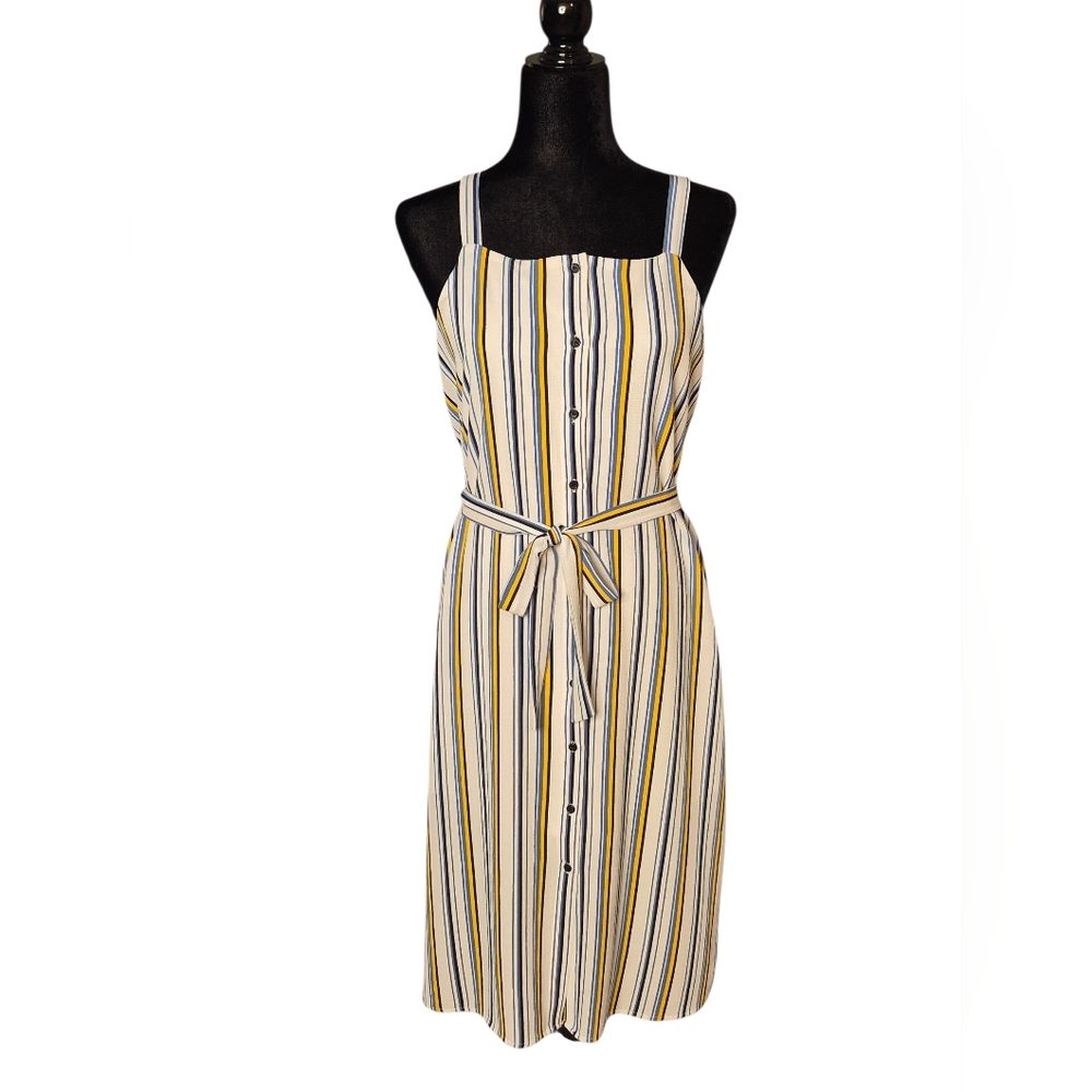 Forever 21 Women's Yellow, Navy Blue, and White Striped Midi Dress. (Size M)